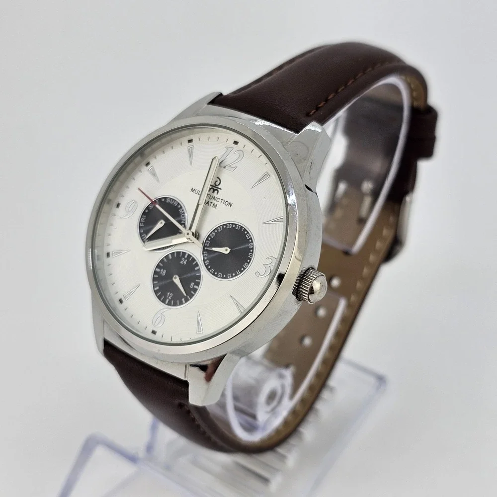 Men's Watch 40MM White Dial Day‎ Date New Brown Leather Bands New Battery